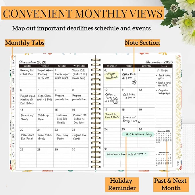 2026 Planner Weekly and Monthly,Jan 2026 to Dec 2026,A5 Hardcover Academic Appointment Book with Tabs,100GSM Thick Paper,Back Pocket & Bookmark Ruler,Cute Floral Butterfly Agenda for Women Teachers Students