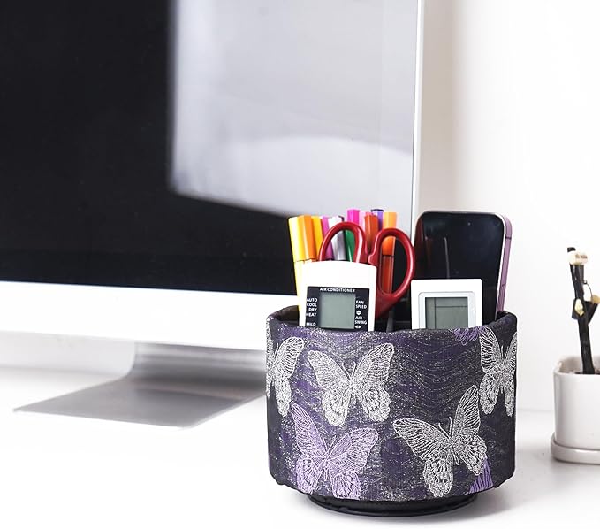 Round Leather Art Supply Organizer,Remote Control Holder,360-degree Rotating Pen Organizer with 4 Compartments(1-Butterfly Purple)