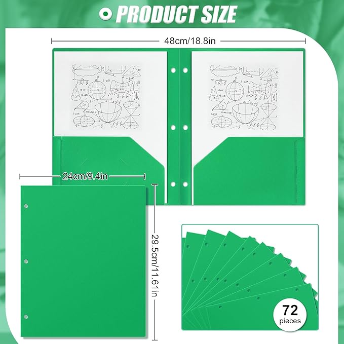 Yeaqee 72 Pcs Plastic Folders with Pockets Bulk 3 Hole Punched 2 Pocket File Folders for 3 Ring Binder Divider Folder for Notebooks, Durable Poly for Office Home (Green)