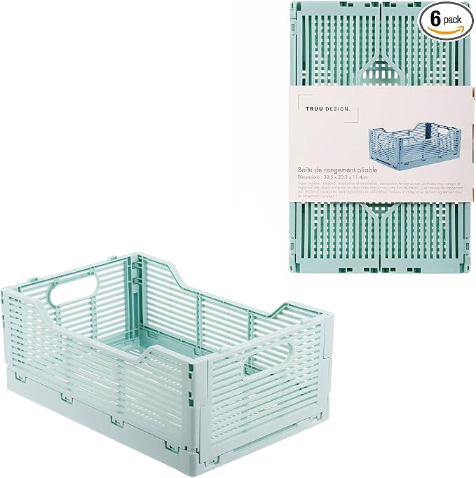 CTG Truu Design Folding Plastic Crates, 30.5 x 20.3 x 11.4cm, Seafoam, 1Pack, Stackable Collapsible Storage Baskets Organizer for Home Office and Outdoor