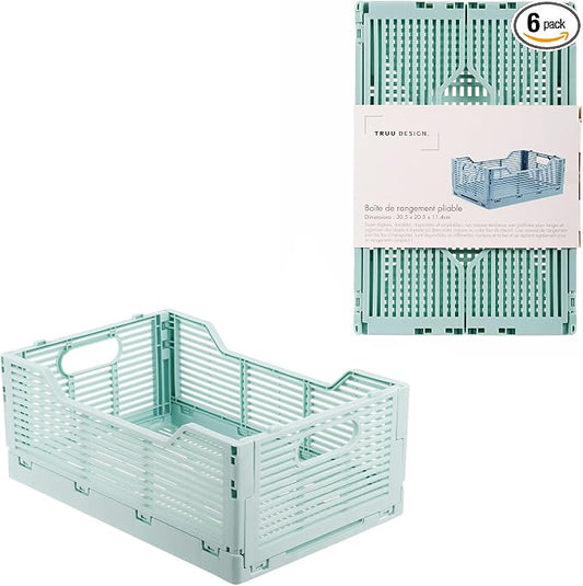 CTG Truu Design Folding Plastic Crates, 30.5 x 20.3 x 11.4cm, Seafoam, 1Pack, Stackable Collapsible Storage Baskets Organizer for Home Office and Outdoor