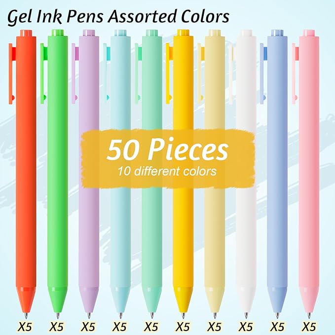 Crtiin 50 Pcs Gel Pens Bulk, 0.5mm Fine Point Black Ink Pens, Retractable Smooth Writing Quick Dry, Colored Aesthetic for School Office Journaling Teacher Appreciation Mother Day (Macaron)