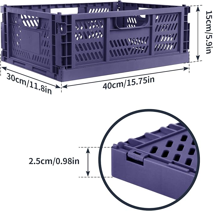Domiella 4-Pack Crates for Storage, 16x12x6 Stackable Crate Plastic, Folding Bins for Office Home Kitchen Bedroom Bathroom, Blue