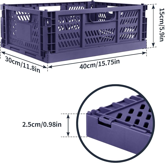 Domiella 4-Pack Crates for Storage, 16x12x6 Stackable Crate Plastic, Folding Bins for Office Home Kitchen Bedroom Bathroom, Blue