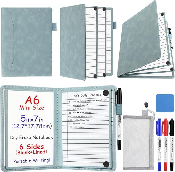 Feifeiya 6 Sides Dry Erase Notebook Portable Whiteboards Notebook Small Reusable College Ruled Lined Board Folding Mini Travel Dry Erase White Board for Office Study(Haze Blue,A6: 5 x 7 Inches)