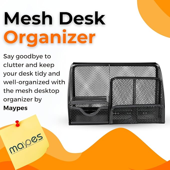 Mesh Desk Organizer - Office Accessories with Sticky Notes, 6 Compartments & Drawer, Pen Holder for Home, School