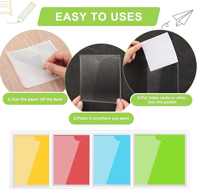 30 Pack Self-Adhesive Index Card Pockets with Top Open for Loading - Ideal Index Card Holder for Organizing and Protecting - Crystal Clear Plastic (4.13 x 4.13 Inches)