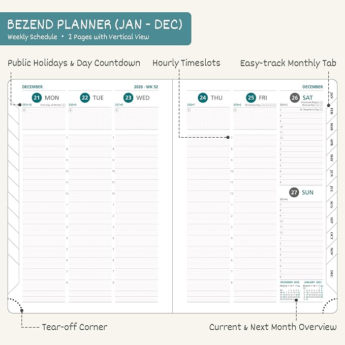 BEZEND 2026 Planner Weekly and Monthly (6" x 8.5") Daily Calendar with Hourly Timeslots & Tabs (Jan-Dec) Note & Expenses, Pen Holder, Inner Pocket, Vegan Leather Hardcover - Turquoise
