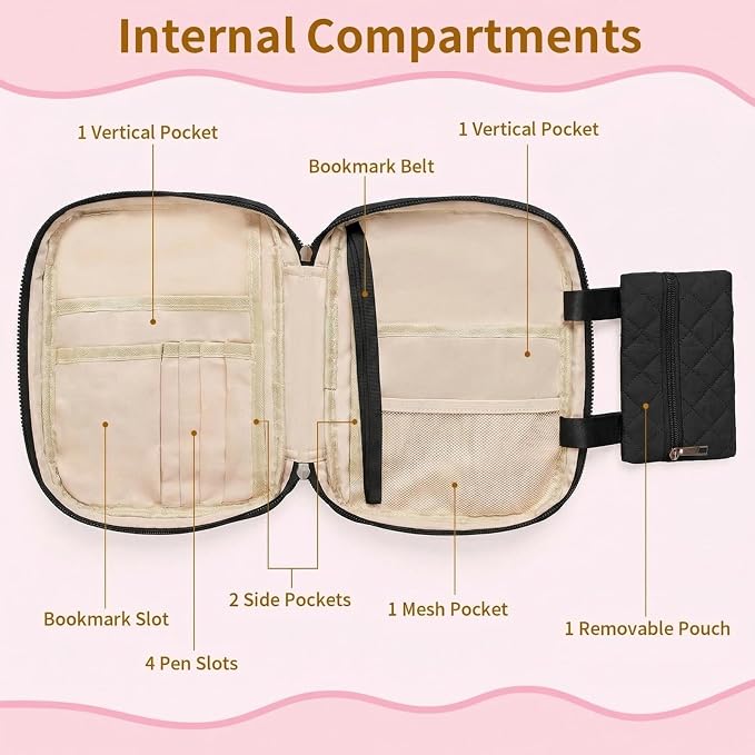 Quilted Bible Cover for Women, Zippered Bible Case with Handle, Bible Organizer Bag w/Multiple Pockets & Pen Slots Lightweight Bible Tote Bag for Church Study, Gifts for Women (Black)