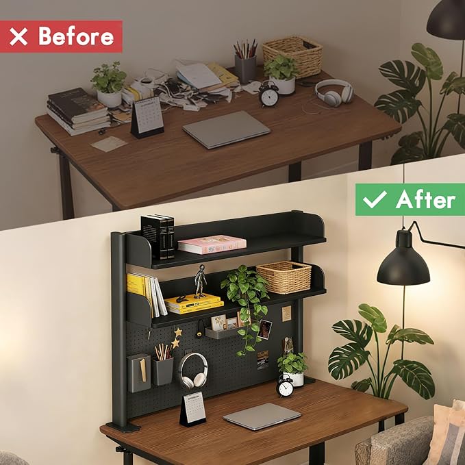 Clamp On Desk Shelf Organizer with Pegboard Desk Hutch Dorm with Storage Bookshelf Desk Top Organizer Shelf Multi-Purpose White & Black Desktop Shelves & Office Shelves (Black, W - 39.4")