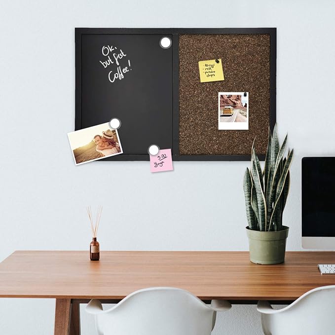 Navaris Combination Chalk and Cork Board - 16 x 24 in Magnetic Chalkboard Combo Framed Bulletin Board for Wall - Includes Chalk, Push Pins, Magnets