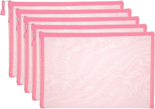 PATIKIL A4 Mesh Zipper Pouch Bags, 5 PCS Mesh Bags with Zipper Plastic Storage Pocket for Organizing File Beads Office Home Supplies, 34x24cm, Pink