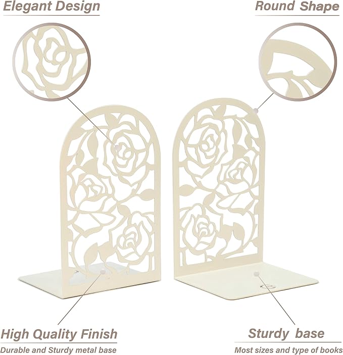CNK Book Ends, Premium BookEnds for Bookend Shelves, Book Stopper Metal Book Ends for Home Office Heavy Books, Book Shelf Holder, Home Decorative, Book Stoppers, Book Holder (Rose White)