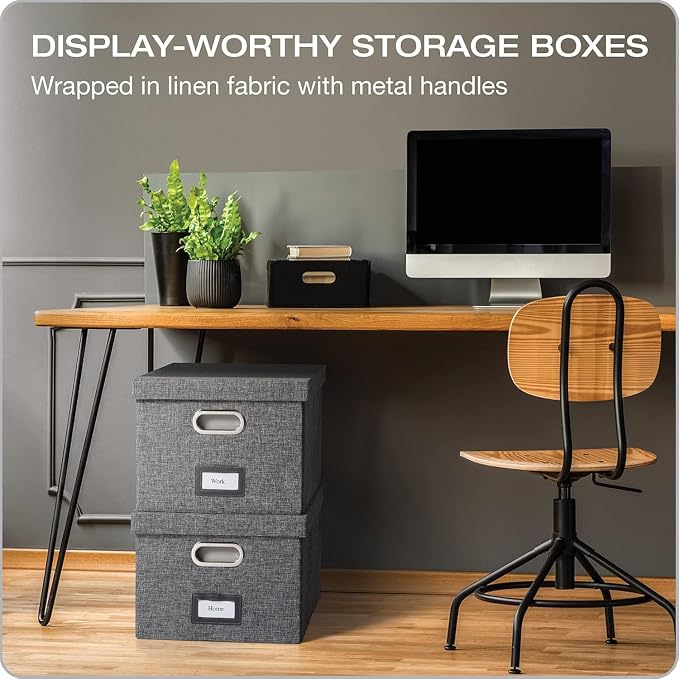 Pendaflex Collapsible File Box with Lid, Includes File Frame for Letter and Legal Hanging File Folders, Metal Handles, Labels, Heather Gray, 2 Count (41790)
