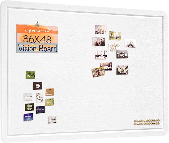Lightomorrow Large Vision Board 48x36, Thicken Felt Pin Board for Home Office Studio and Creative Planning with 20 Pushpins and 20 Postcards, White