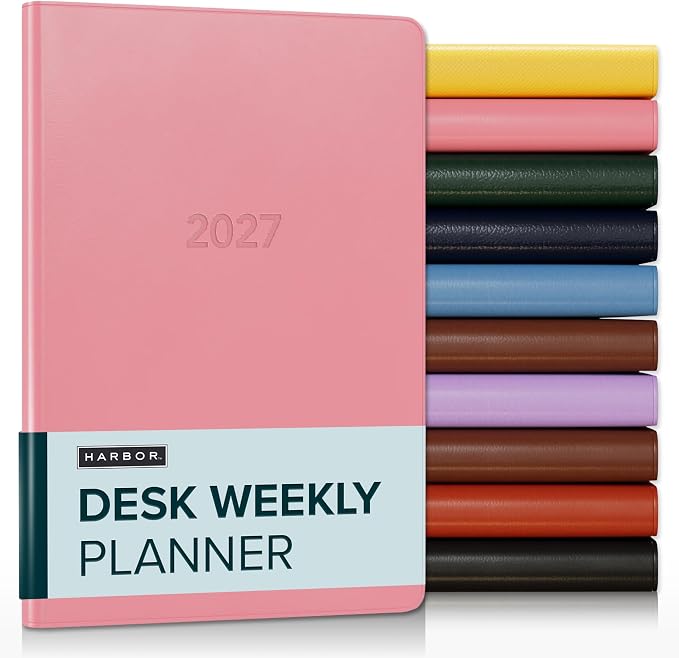Harbor Desk Weekly Monthly Planner 2027 - Calendar Planner and Notebook, Durable Faux Leather, 192 Pages, Softcover & Book Bound - Cambridge Flamingo - 8x5.5"