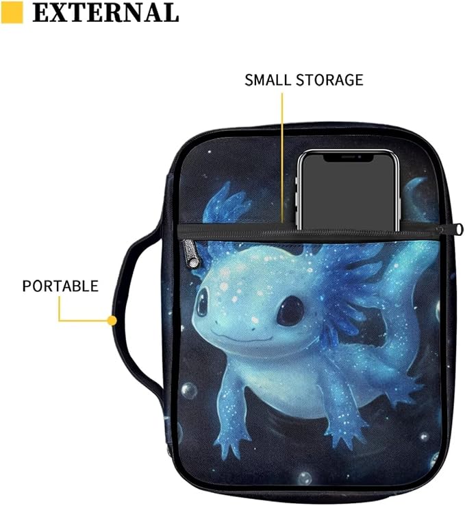 Coldinair Blue Axolotl Bible Cover for Kids Boy,Protective Book Cover Bible Case Carrier Carrying Organizer Purse Handbag with Zipper Pockets Church Bag