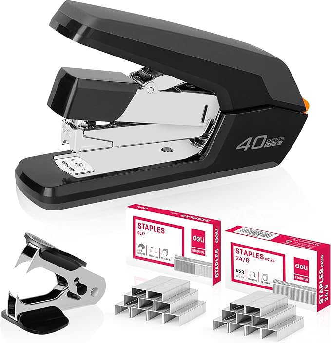 Deli Effortless Desktop Stapler, Heavy Duty Stapler, 40-50 Sheet Capacity, One Finger, No Effort, Includes Staples & Staple Remover, Black