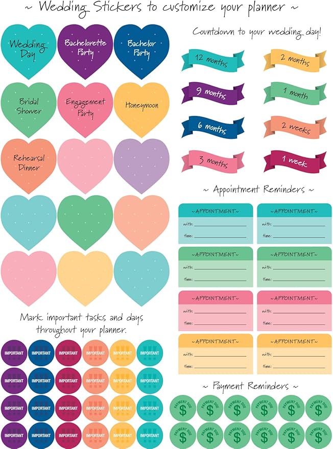 Global Printed Products Wedding Planner 9x11 Hardcover Organizer, Bookmark, Planning Stickers, Business Card Holder, and Pocket Folders