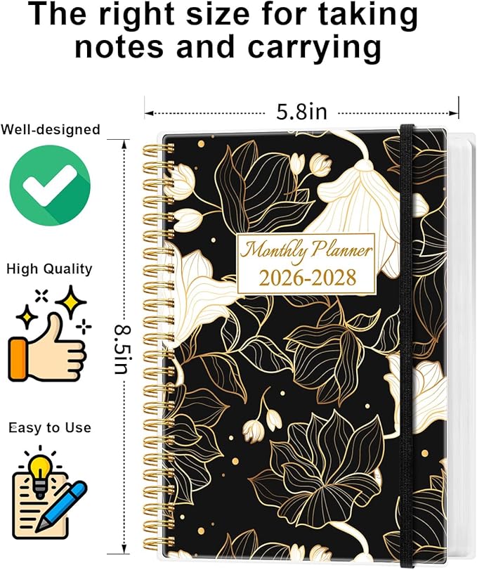 2026-2028 Monthly Planner - 36 Month PLanner Calendar from January 2026 to December 2028, 3 Year Planner 2026-2028 with Flexible Cover, Inner Pocket, Perfect for Home | School | Office, 5.8" x 8.5", White Gold Flower
