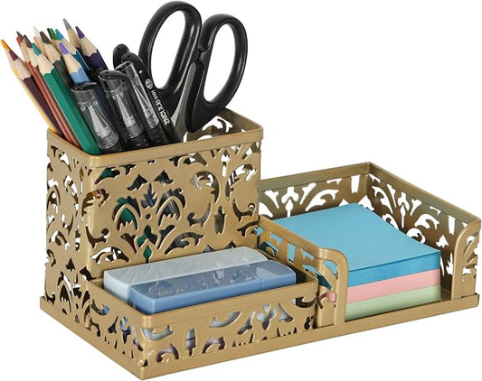 EasyPAG Desk Organizer 3 Compartment Pen Holder for Desk Office Supplies Caddy with Sticky Notes Holder for School Home, Gold