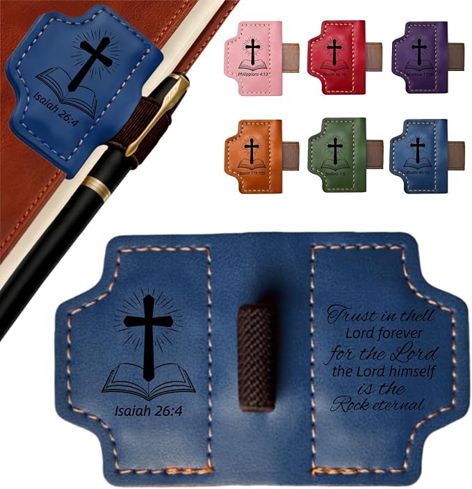MOTEERLLU Bygone Mark Personalized Magnetic Leather Bookmark Pen Holder, Christian Gifts, Inspirational Bible Book Marks for Reading Women, Men, Teachers, Book Lover(Blue Isaiah 26:4)