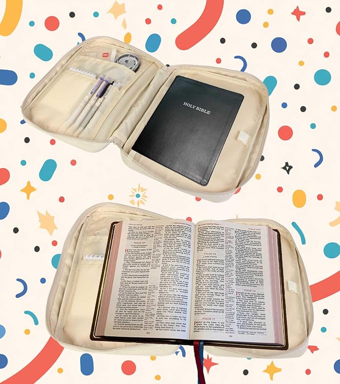 Virgin Mary Bible Cover for Women | Red and White Roses Scripture Case with Zipper and Handle | Large Polyester Bible Bag with Pockets for Church, Study & Travel | Christian Gifts for Women