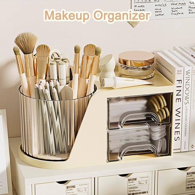 SAYEEC Rotating Desk Organizer with 2 Drawer, 6 Slots Multi-Functional Pencil Pen Holder, Desktop Makeup Organizer Stationery Accessories Storage Box Caddy for Office School Home Art Supplies (Beige)