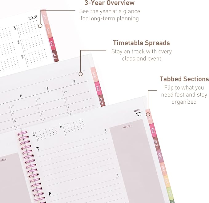Rileys Academic Planner 2026-2027, Daily, Weekly & Monthly Planner, July 2026 - June 2027, Student Notes Pages, Twin-Wire Binding, Weekly Agenda for School & Work (8.5 x 11-Inches, Diagonal, Pink)