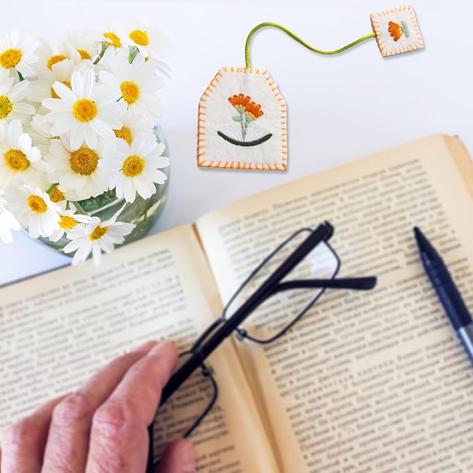 Skyygemm 6 Pcs Retro Tea Bag Bookmarks for Women Tea Party Favors Cute Hand Embroidered Bookmarks Gift for Holiday Book Reading Lovers Mom