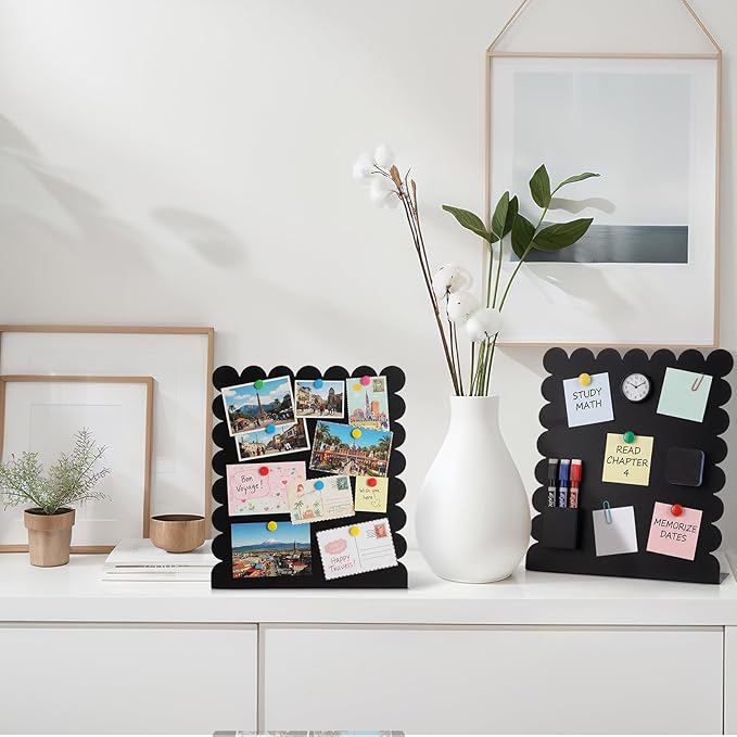 Gueevin 2 Pcs Magnet Board Standing Magnetic Metal Board for Desk and Wall 12.6" x 11" Scalloped Magnetic Display Stand for Memos, Photos and Documents Home Office School Supplies(Black,Medium)