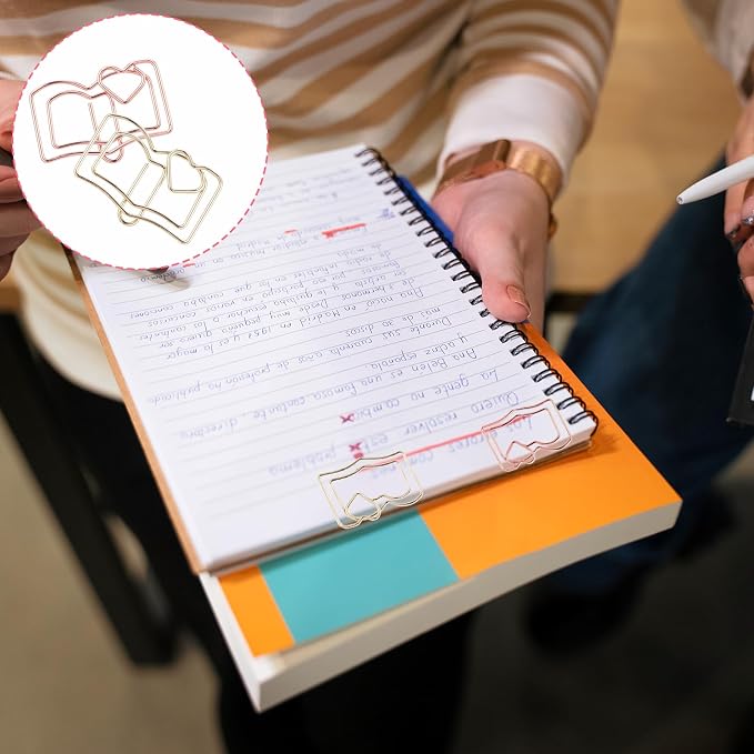 Book Shape Paper Clips Bookmark, 30pcs Stainless Steel Book with Heart Paper Clip Gold and Rose Books Bookmark Funny Paperclips with Heart Document Organization Office School Desk Wedding Deco