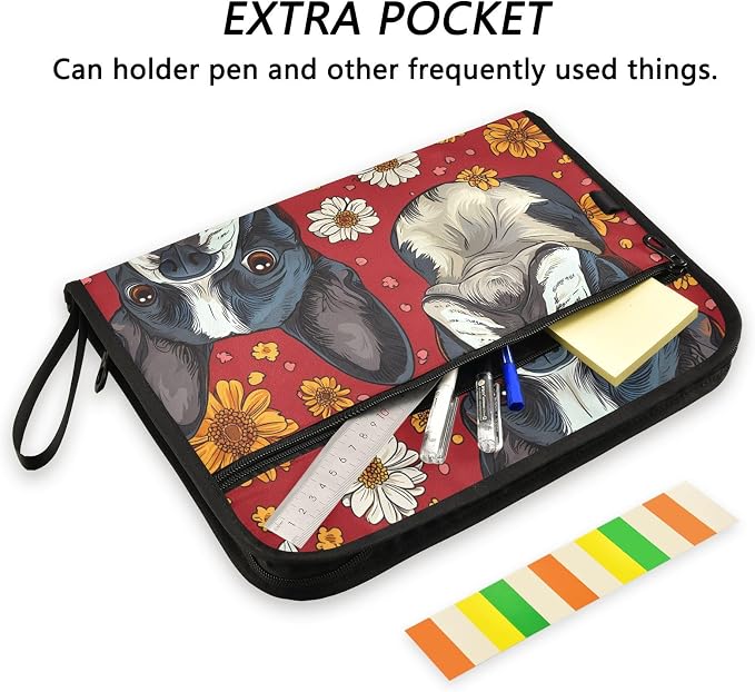Purple Butterfly Grass Boston Terrier Dog Daisy Expanding File Folder Accordion File Organizer 13 Pockets Document Organizer with Zipper Labels Office Storage for Letter A4