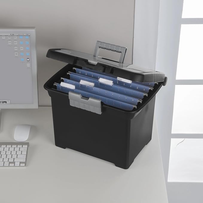 Lockable File Box, Stackable Document Organizer with Handle, Black | Portable structure, perfect for sorting papers and files in indoor storage spaces