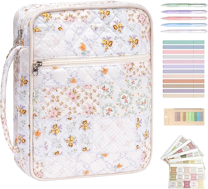 Large Bible Cover Case for Women,Quilted Bible Bag,Floral Bible Storage Bags with Zipper Pocket and Handle