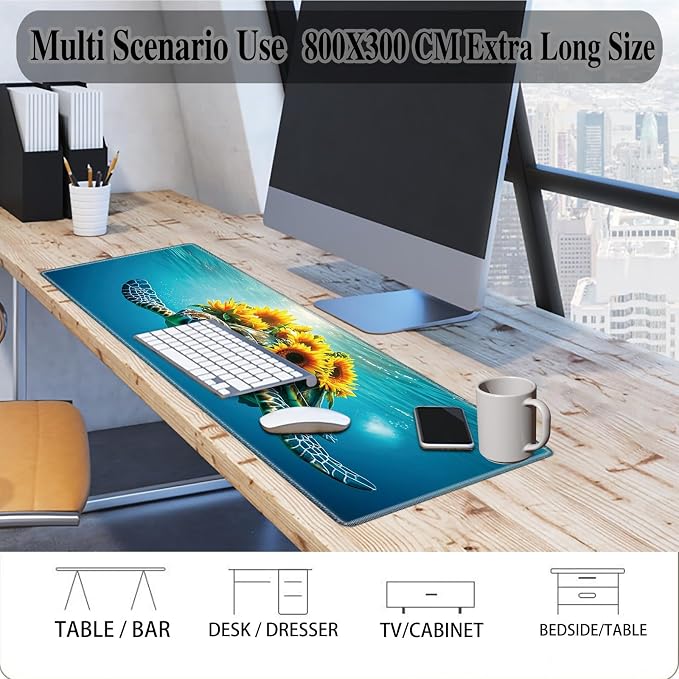 Mouse Pad Gaming Mousepad 31.5x11.8 Inch XXL Large + Coasters,Desk Mat with Stitched Edges, Non-Slip Rubber Base, Thick Mouse Pad for Computer, Laptop, Office & Home - Turtle Sunflower
