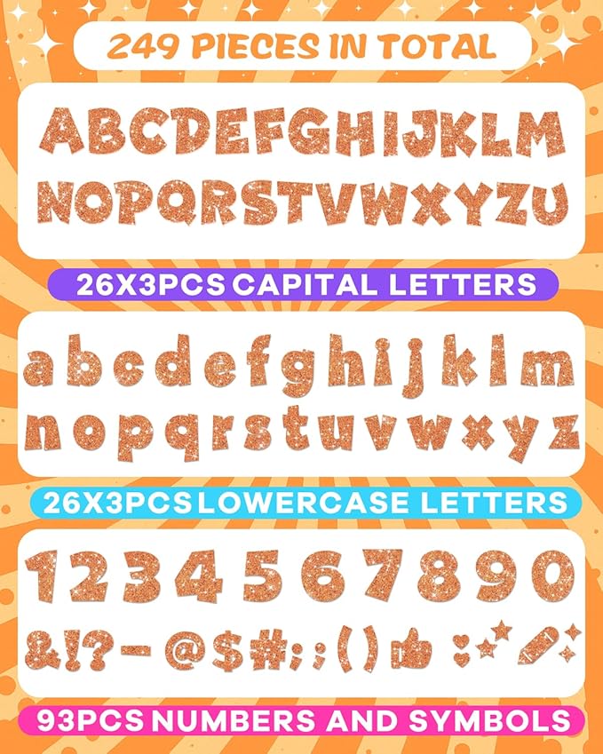 249 Pcs Glitter Bulletin Board Letters Numbers and Punctuation, 4 Inch Alphabet Poster Board Cardboard Letter Cutouts with Adhesive Dots for Classroom Bulletin Board School Decorations (Orange)