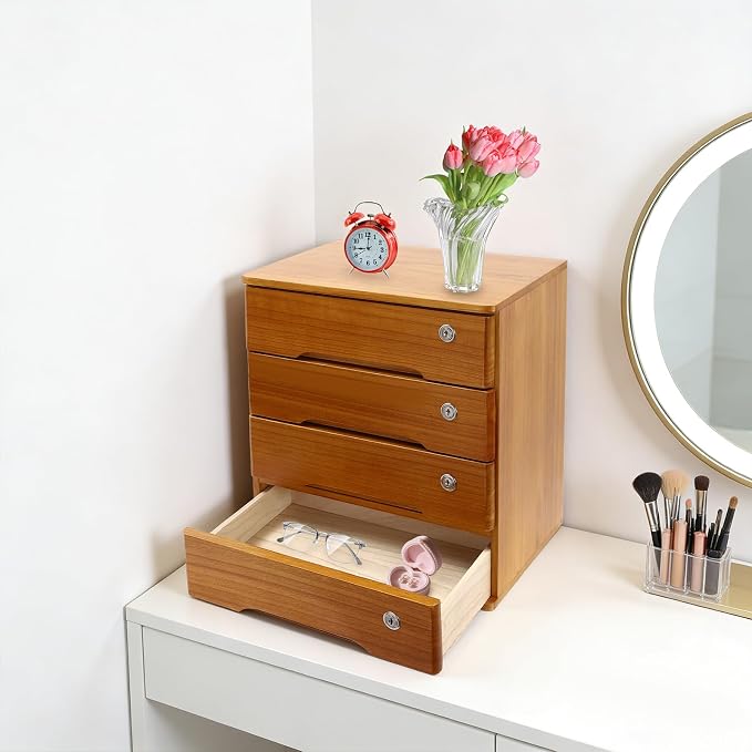Wooden Desktop Storage Box with Lockable Drawers, Flat File Cabinet Drawer Desktop Storage Box, Countertop Storage Cabinet for Office Home Toiletries Supplies Vanity (Wood yellow, 4 Drawer)