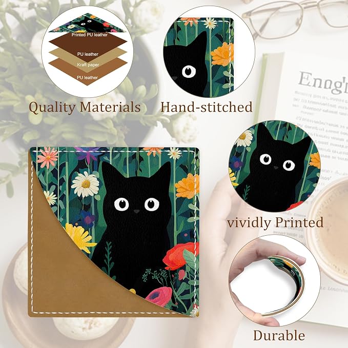 Icycay Cute Black Cat Floral Corner Bookmarks, Funny Leather Book Accessories for Book Lovers, 3 Pcs Reading Book Page Markers for Women Men Student Teacher Girls Boys Retirement Birthday Gifts