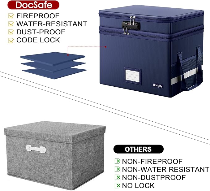 DocSafe File Box with Lock,Multi-Layer Fireproof Document Box Collapsible File Storage Organizer with Pockets/Handle,Large Portable Home Office Filing Safe for Hanging Letter/Legal Size Folders,Blue
