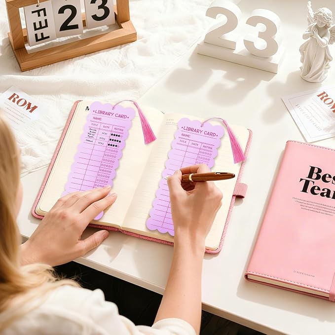 50 PCS Reading List Bookmarks Book Tracker with 50 Bookmark Tassels Reading Log Bookmark 3 x 8 Inch Pink Library Card for Reading for Teacher Women and Book Lovers (100 PC Pink)