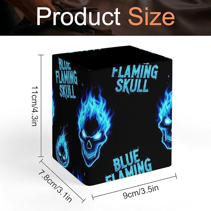 Holder Cup Makeup Brush Storage Organizer, Waterproof Multifunctional Office Supplies, Pen Holder Square Leather Pencil Blue Flaming Fire Skull