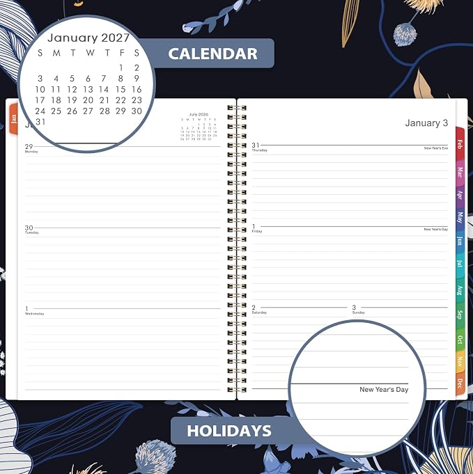 2027 Planner - 2027 Weekly and Monthly Planner, 11" x 9", Jan. 2027 - Dec.2027, Planner 2027 with Colorful Tabs, Premium Thick Paper, Twin-Wire Binding - Floral Black Cover