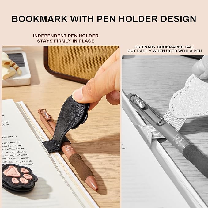 2Pcs Magnetic Bookmarks with Gift Box Magnetic Pen Holder for Notebook Cat Book Marks Clip Gift for Book Lover Readers Cute PU Leather Bookmark for Women, Paw (Black+Black)