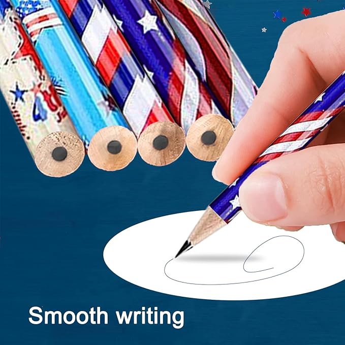 American Flag Themed Wood Pencils with Eraser, 48pcs Patriotic Pencils in 12 Designs, USA Flag Gifts Pencil for 4th of July USA Independence Day Parades Party Favors School Office Supplies