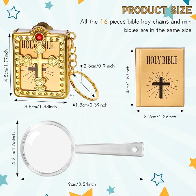 16 Pieces Mini Bible Keychain Small Holy Bible Key Ring Religious Jesus Keychain Souvenir Christian Present for Baptism, Church, Communion with Magnifying Glass, 4 Styles(Stylish Style)