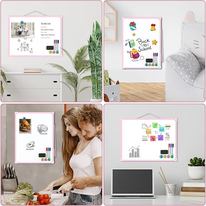 MaxGear Double-Sided Dry Erase Board for Wall, 16"x12" Hanging Whiteboard, Small Dry Erase White Board, Portable Whiteboard for Planning, Drawing, Memo, to Do List, Pink Frame