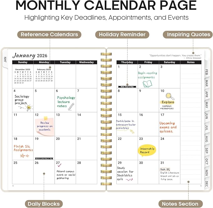 2026 Planner, Weekly and Monthly Calender Planner, Jan 2026 to Dec 2026, Hardcover 2026 Calendar Book with Tabs & Inner Pocket, Office Home School Supplies for Women & Men - A4 (8.5" x 11"), Gray