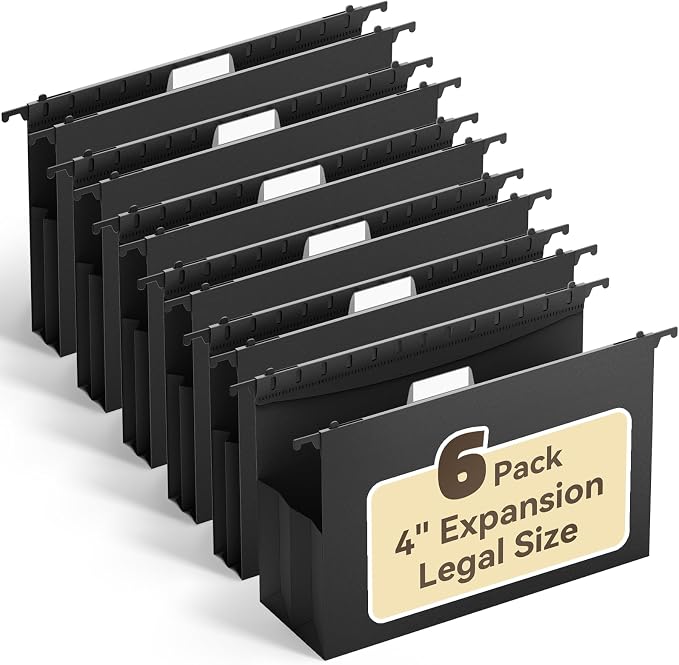 Ansook Extra Capacity Hanging File Folders Legal Size,Heavy Duty 4" Expansion, File Cabinet Folders with 1/5 Tabs,6 Pack Expandable File Folder Organizer,Hang Folder for File Frame & File Box