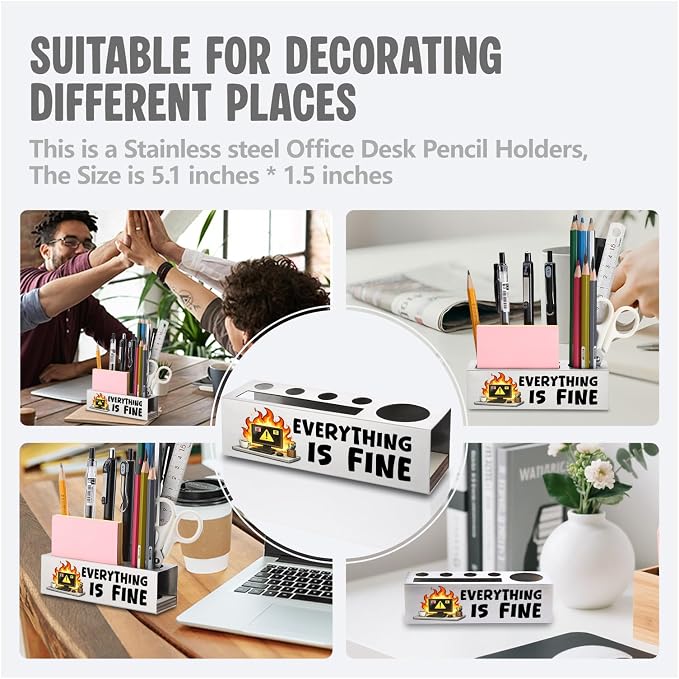 FOKCBOCM Funny Office Pen Holder with Everything Is Fine Quote, Stainless Steel Desk Organizer for Work Stress Humor, Sarcastic Workspace Decor Gift for Coworker-DS130